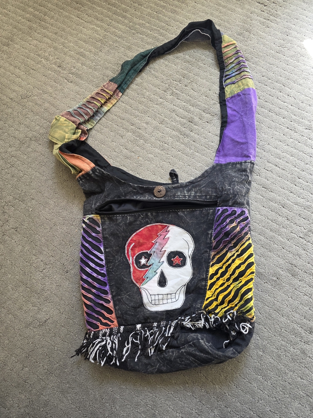 Boho Grateful Dead Patchwork Crossbody Bag in Black and Multi